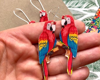 Tropical Parrot Dangle Earrings, Illustrated Bird Jewelry