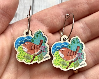 Illustrated Wren Earrings, Wooden Bird Hoops, Quirky Jewelry