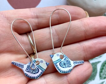 Folk Art Bird Drop Earrings, Blue and White Shrinky Dink, Handmade Summer Jewellery