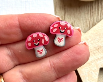 Hand Painted Wooden Toadstool Stud Earrings, Fungi Jewelry