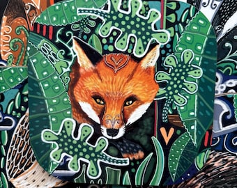 Fox Woodland Coaster, Original Pattern Design, Forest Animal.