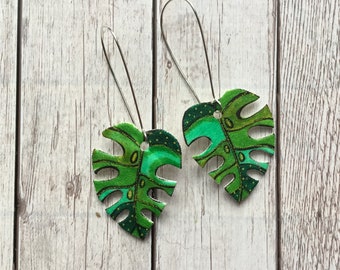 Monstera Leaf Dangle Earrings, Hand-Colored Tropical Jewelry