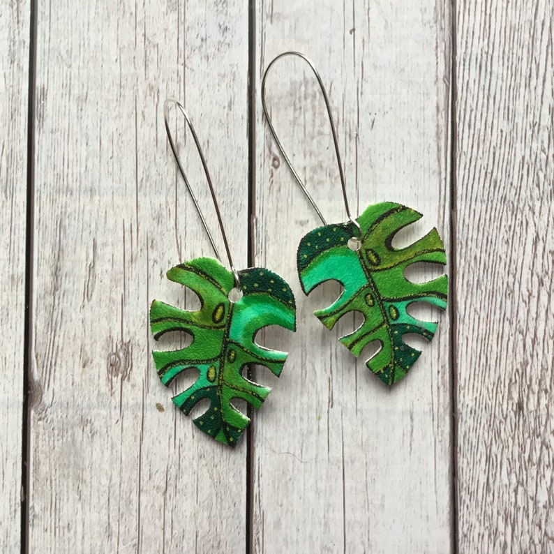 Monstera Leaf Drop Earrings, Leaf Jewellery, Emerald Green, Statement Jewellery, Nature Lover Gift, Best Friend Gift, Unique Birthday Gift. image 1