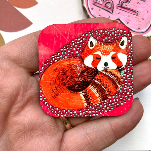 Red Panda Mini Fridge Magnet, Red Panda Gifts, Folk Art Inspired, Small Gift, Love Token, Birthday Gift, Anniversary Gifts, Thinking of You.