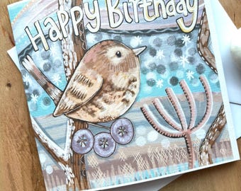 Wren Birthday Card - Bird Lover - Hand Drawn Illustration