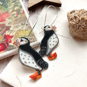 Puffin Bird Earrings, Puffin Drop Earrings, Illustrated Statement Jewellery, Quirky Birthday Gifts, Handmade Jewellery, Gift For Friend
