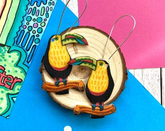 Toucan Drop Earrings, Tropical Statement Earrings, Shrink Plastic, Fun Quirky Jewellery, Birthday Gift For Her, Unique Handmade Gifts.