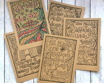 Positive Postcard Set, Colour In Postcards, Motivational Postcards, Inspirational, Mini Quote Prints, Office Decor.