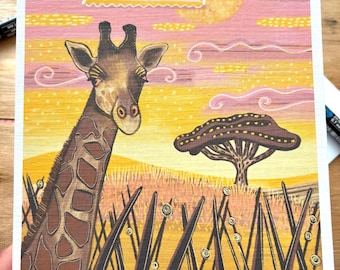 Giraffe Safari Birthday Card: African Sunset Animal Art