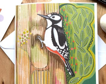 Tarjeta de pájaro carpintero moteado: ilustración de pájaro dibujada a mano, para cualquier ocasión.