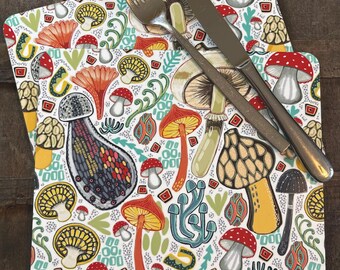 Illustrated Fungi Placemats, Set of Two, Mushroom Pattern