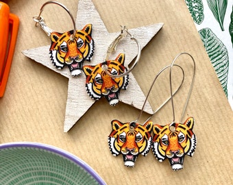 Tiger Earrings, Shrink Plastic, Tiger Drop Earrings, Jungle Jewellery, Unique Birthday Gift, Present For Best Friend.