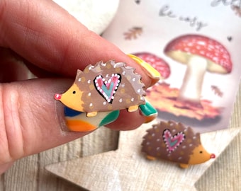 Hand Painted Wooden Hedgehog Stud Earrings: Quirky Woodland Jewelry