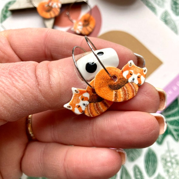 Red Panda Hoop Earrings, Silver Plated, Animal Jewelry