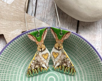Folk Art Hare Dangle Earrings, Quirky Spring Jewelry