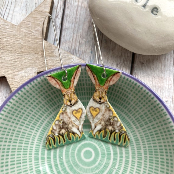 Folk Art Hare Dangle Earrings, Quirky Spring Jewelry