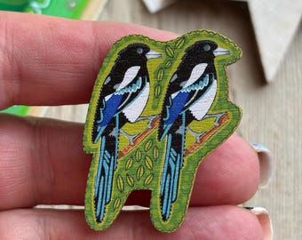 Magpie Brooch, Magpies Pin, Maple Wood, Two for Joy.