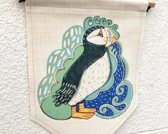 Puffin Wall Hanging, Quirky Bird Art, Linen Pennant