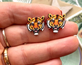 Tiger Studs, Tiger Jewellery, Unique Birthday Gift, Animal Earrings, Shrinky Dink Earrings, Summer Birthday Gift.