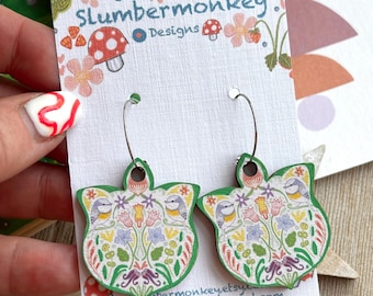 Wooden Blue Tit and Flowers Earrings, Hoop Earrings, Bird Earrings.