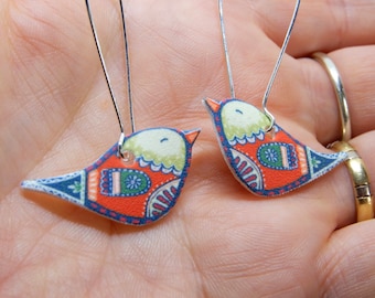 Folk Art Bird Dangle Earrings, Quirky Illustration Jewelry