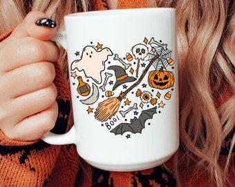 Halloween Heart Mug, Spooky Season Ceramic Mug, Halloween Doodles Mug, Witchy Mug, Cute Ghost Mug, Pumpkin Coffee Cup, Halloween Lover Gift