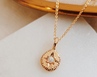 Dainty Opal CZ Starburst Charm Necklace, Hammered Medallion Pendant, Birthday Gift for Her, North Star Jewelry, Gift for Her, Christmas Gift