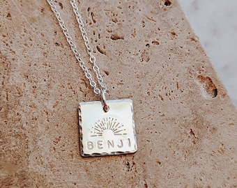 Hand Stamped Sunshine Name Necklace, Sunburst, Sunset, Name Necklace, You are my Sunshine, Gold Filled, Silver, Gift for Mom, Mothers Day