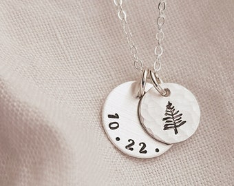Personalized Evergreen Tree Date Disc Necklace, Tree Necklace for Nature Lover, Gift for Her, 14k Gold Filled, Silver, Mothers Day Gift