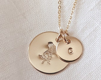 Custom Thistle Initial Necklace 14k Gold Fill or Sterling Silver, Gift for mom, Sassenach, Scotland Jewelry, Gift for her, Mothers Day Gift
