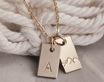 Custom Mountain Tag Necklace, Mountain Jewelry, Initial Necklace, 14k Gold Filled, Sterling Silver, Christmas Gift, Personalized, Mom Gift