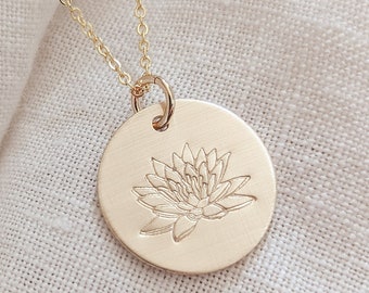 Hand Stamped July Birth Flower Necklace, Water Lily, Lily Jewelry, Birthday Gift for Her, 14k Gold Filled, Silver, Gift for Mom, Mothers Day