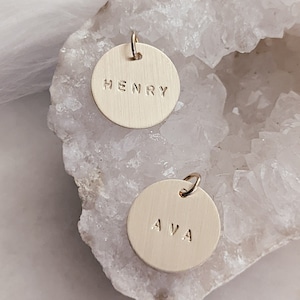Custom Add On Charm, 5/8&quot; Disc, Personalized Round Disc, 14k Gold Filled or Sterling, Initial, Date Charm, Name Disc, Charm Only, Christmas