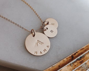 Custom Mountain Mama Hand Stamped Initial Necklace, Mountain Jewelry, Outdoorsy Gift, Gift for Mom, Gold Filled, Silver, Nature, Mothers Day