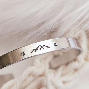 Personalized Mountain Cuff Bracelet, Custom Mountain Jewelry, Initial Bracelet, Mountain Wedding, Anniversary Gift for Her, Christmas Gift