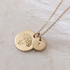 Carnation January Birth Flower Disc Necklace with Initial, Dainty, 14k Gold Filled, Sterling Silver, Custom Jewelry, Gift for Her, Christmas image 2