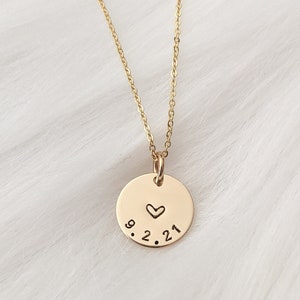Personalized Date Disc Necklace, 14k Gold Filled, Sterling Silver, Custom Heart Necklace, Anniversary Date, Wedding Date, Mothers Day image 1