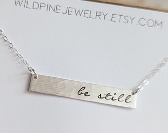 Be Still Hammered Bar Necklace, 14k Gold Filled, Sterling Silver, Psalm 46 10, Christian Necklace, Encouragement, Motivational Gift, Easter