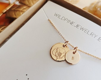 Dainty Hand Stamped Poppy Necklace with Initial, Gold, Silver, Personalized Custom Letter Jewelry, Garden Gift, Gift for Mom, Mothers Day