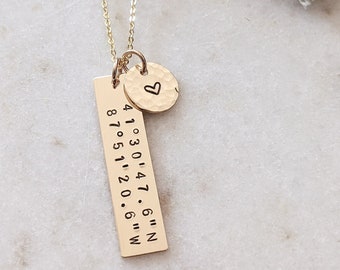 Hand Stamped Custom Coordinates Necklace, 14k Gold Filled, Sterling Silver, Personalized Coordinates Jewelry, Anniversary, Mothers Day Gift