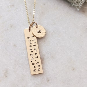 Hand Stamped Custom Coordinates Necklace, 14k Gold Filled, Sterling Silver, Personalized Coordinates Jewelry, Anniversary, Mothers Day Gift image 1