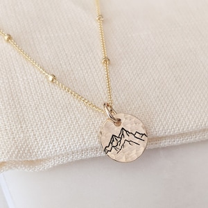 Small Mountain Disc Necklace, Faith Can Move Mountains, Hand Stamped, 14k Gold Filled, Silver, Minimalist Jewelry, Outdoors Gift,Mothers Day