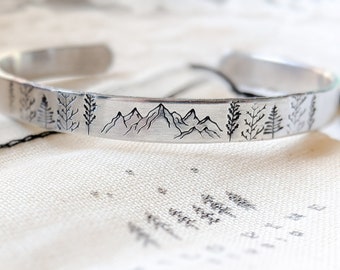 Mountain Forest Tree Cuff Bracelet, Inspirational Motivational Encouragement Gift, Hand Stamped, Outdoorsy, Wanderlust, Mothers Day Gift