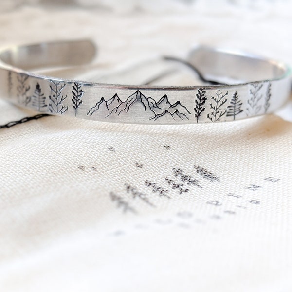 Mountain Forest Tree Cuff Bracelet, Inspirational Motivational Encouragement Gift, Hand Stamped, Outdoorsy, Wanderlust Gift, Mothers Day