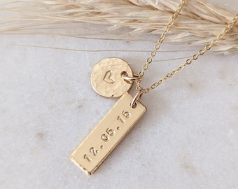 Custom Date Vertical Bar Necklace, Hand Stamped, 14k Gold Filled, Silver, Personalized Bar Necklace, Wedding Date, Birthdate, Mothers Day