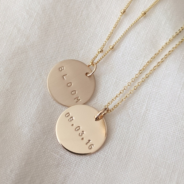 Custom Date or Name Disc Necklace, 14k Gold Filled, Sterling Silver, Personalized Wedding Date, Anniversary Date, Birthdate, Christmas Gift