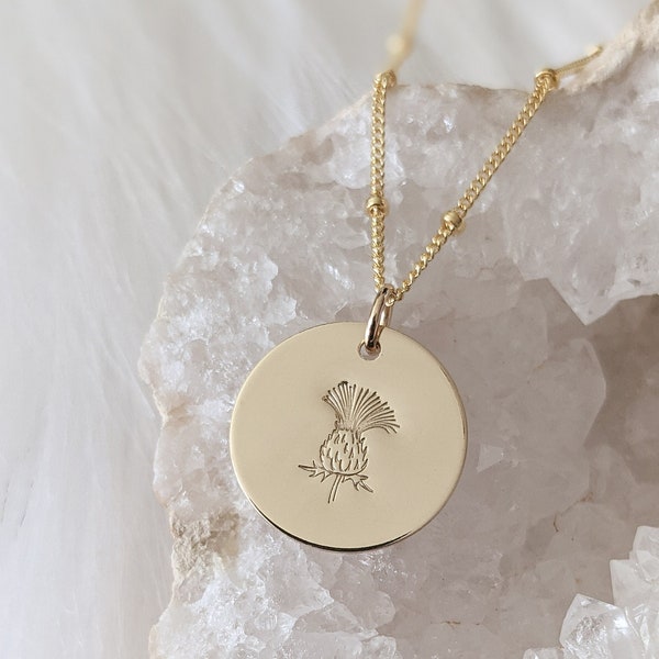 Dainty Hand Stamped Thistle Necklace, 14k Gold Filled, Sterling Silver, Scottish Highland Jewelry, Celtic Jewelry, Gift for Her, Mothers Day