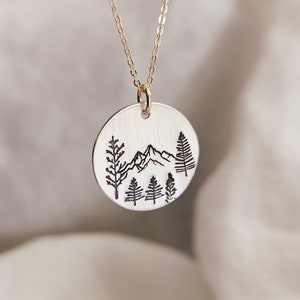 Hand Stamped Mountain Trees Necklace, 14k Gold Filled, Sterling Silver, Forest Jewelry, Nature Lover, Outdoorsy Gift for her, Mothers Day