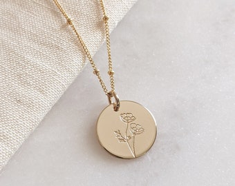 Dainty Poppy Flower Necklace, Gold Filled, Sterling Silver, Wildflower Jewelry, Floral Disc Necklace, August Birth Flower, Christmas Gift