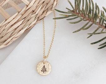 Small Hammered Evergreen Tree Necklace, Hand Stamped, Gold Filled, Silver, Pine Tree Jewelry, Birthday Gift for Her, Nature Necklace, Mom